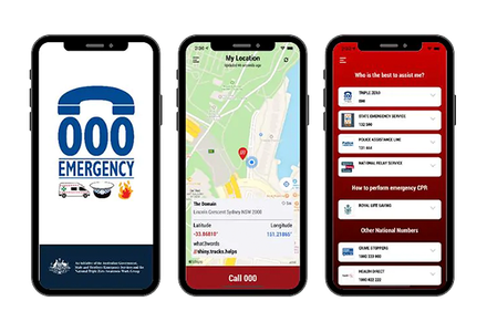 The emergency app shown on three different mobile phones, highlighting its accessibility and user-friendly design.