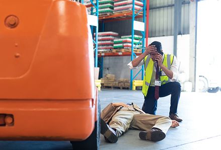 A man in a safety vest kneels beside another man lying on the ground, appearing to assist him.