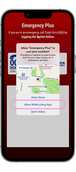 An apple smartphone displaying the Emergency Plus app, showing how to give permission to the app to use the device's location.