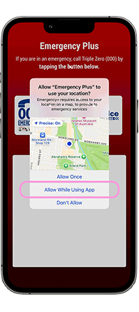 An apple smartphone displaying the Emergency Plus app, showing how to give permission to the app to use the device's location.