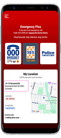 Mobile screen displaying the Emergency Plus app, highlighting where to find the current location on the screen.